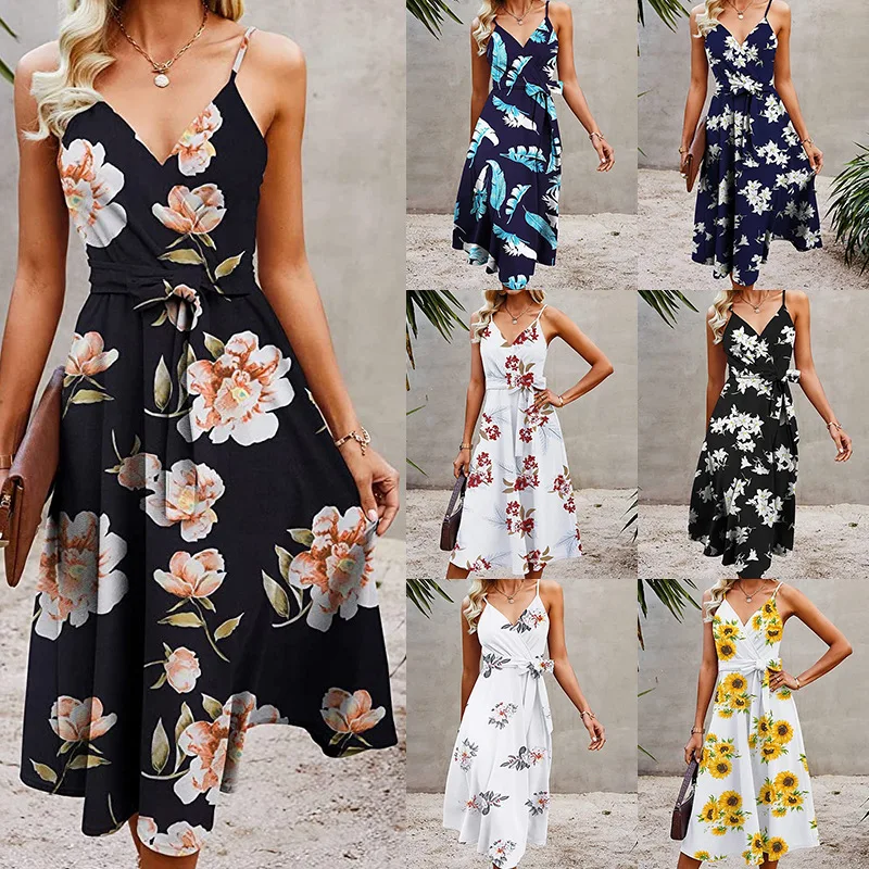 

Summer 2022 New backless halter dress, cross V-neck, loose waist and strappy dress