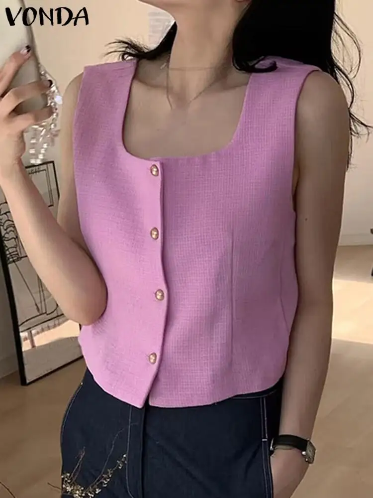 

VONDA Women Sexy Tops 2023 Summer Square Collar Sleeveless Tanks Top Casual Camis Loose Solid Color Buttons Elegant OL Shirts