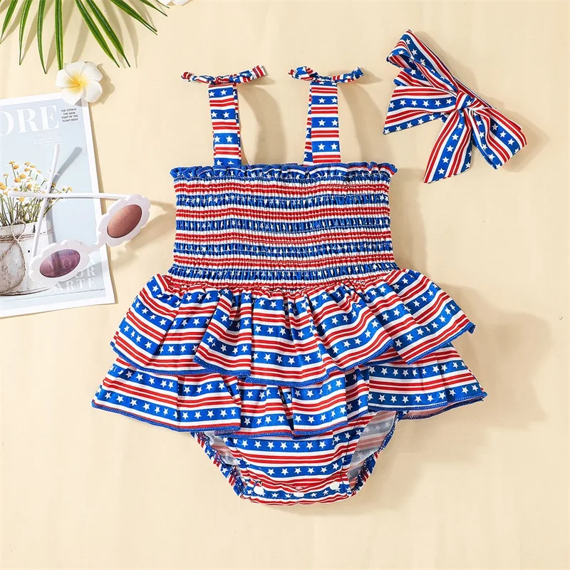 

Infant Girls Independence Day Rompers Baby Stars Stripe Print Sleeveless Ruffles Sling Bodysuit with Headband
