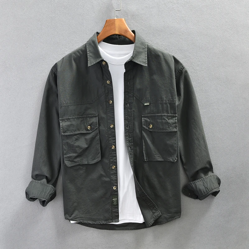 

Men Safari Style Long Sleeve Shirt Pure Color Turn-down Collar Casual Clothing