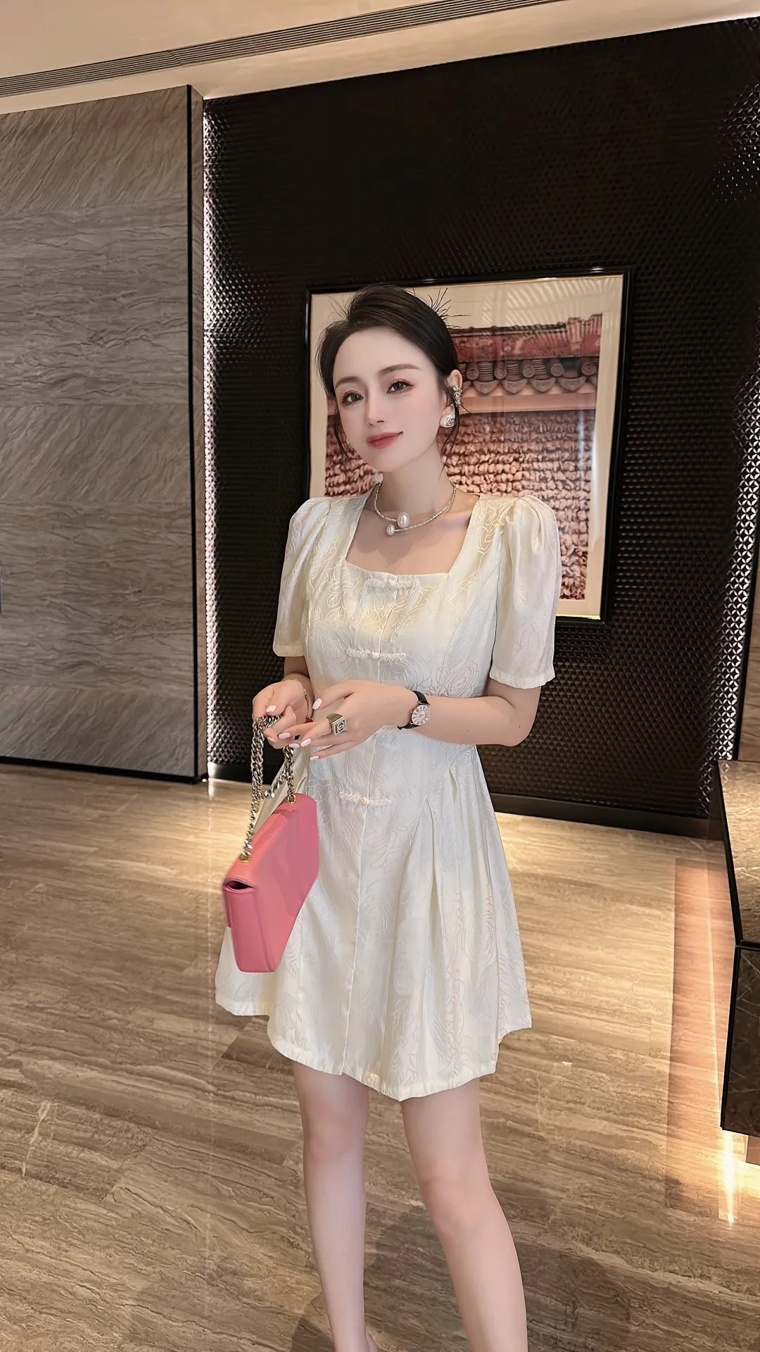 

2023 Spring/Summer Fashion New Women's Clothing Square Collar Puff Sleeve Jacquard Printed Dress 0704