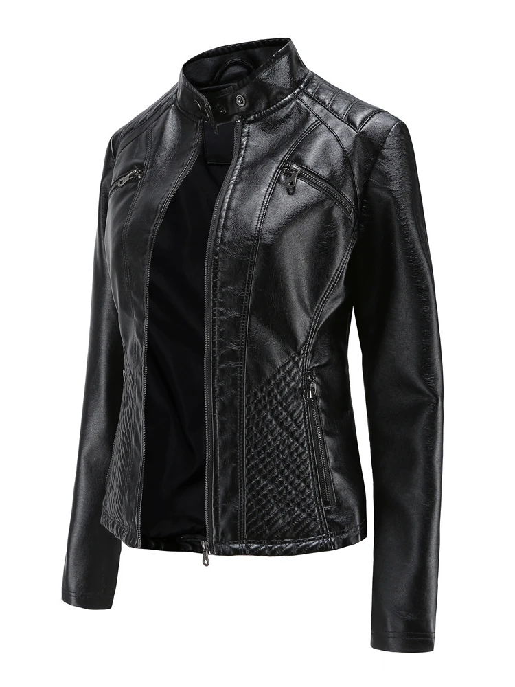 2021 new women's casual leather jacket with vertical collar, slim fit coat, women's spring and autumn pure leather jacket