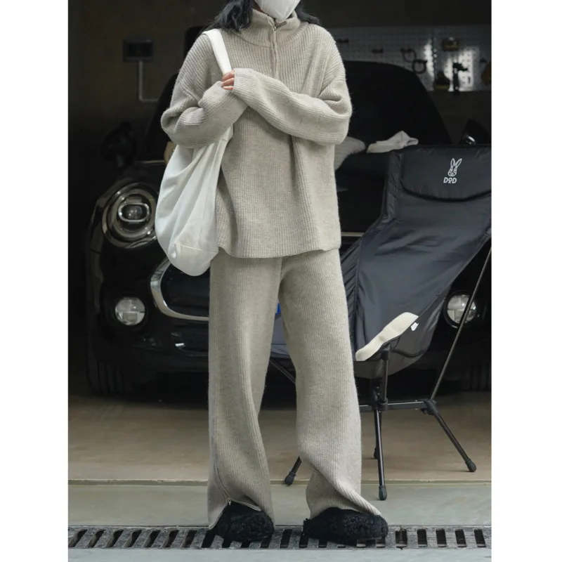 

Зимний свободный свитер на молнии с воротником-стойкой, Свободные Теплые повседневные трикотажные брюки с эластичным поясом, Женский комплект из двух предметов