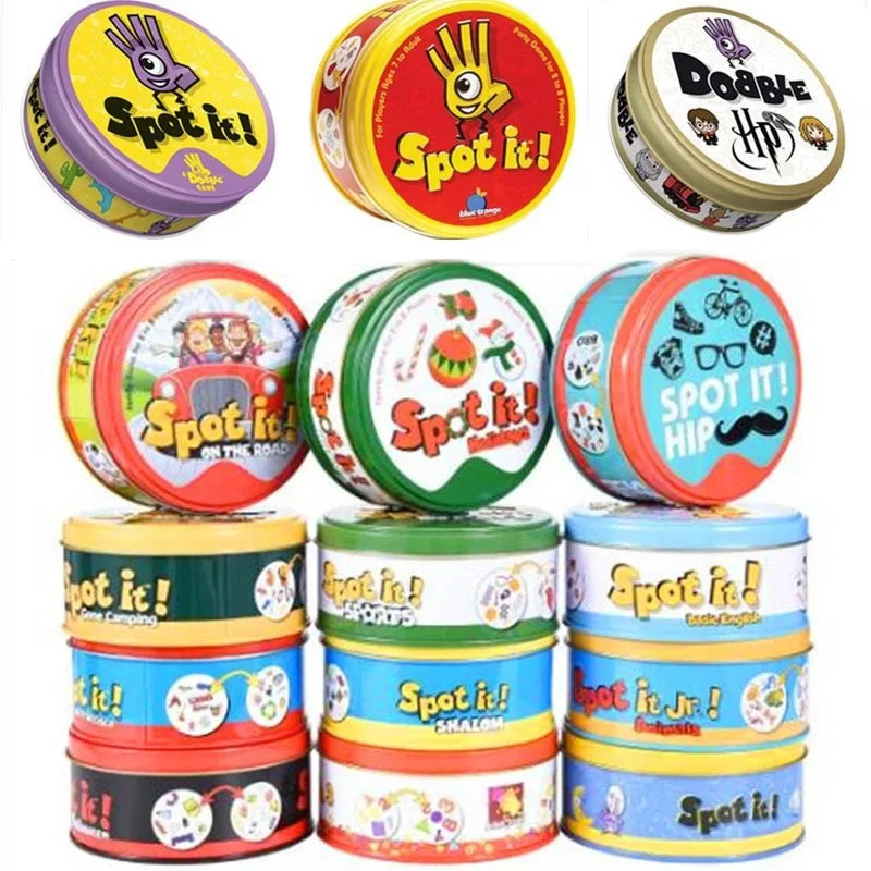 

Spot Board Games Dobble Cards Toys with Metal Box Find Difference Parent-child Party Anime Game Cards English Version for Kids