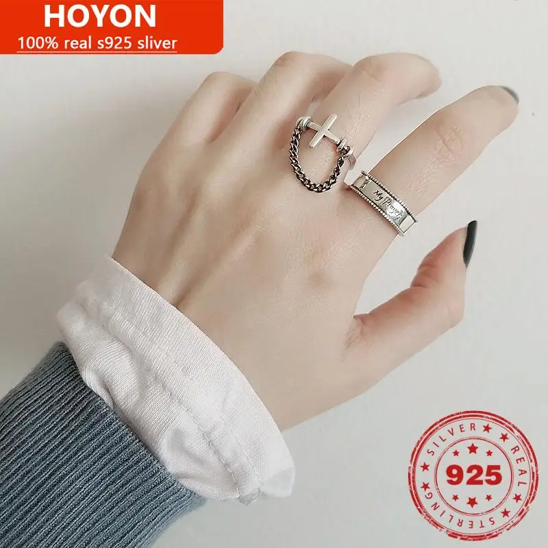 

HOYON 2022 New 100% real S925 sterling silver ring for women jewelry vintage old ring open rock style cross chain ring for party