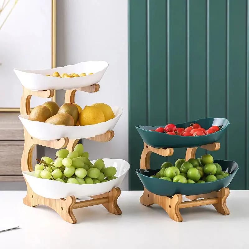

2/3 Tiers Plastic Fruit Plates With Wood Holder Serving Bowls for Party Food Display Stand Fruit Candy Dish Shelves Home Platter