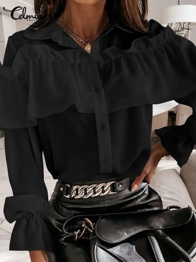 

Celmia Casual Solid Blouses Elegant Ruffles Buttons Shirts Femme Fashion Lapel Long Sleeve Blusas Women 2023 Spring Office Tops