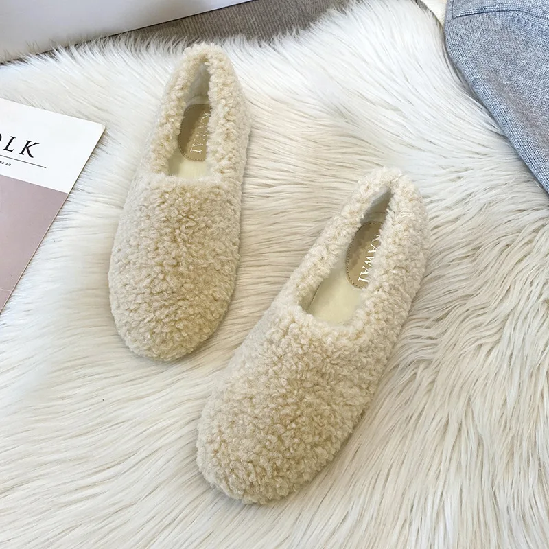 

Winter Women Warm Plush Loafers Comfy Curly Sheep Fur Flats Woman Large Size 40-43 Luxury Lambwool Moccasins Femme Cotton Shoes