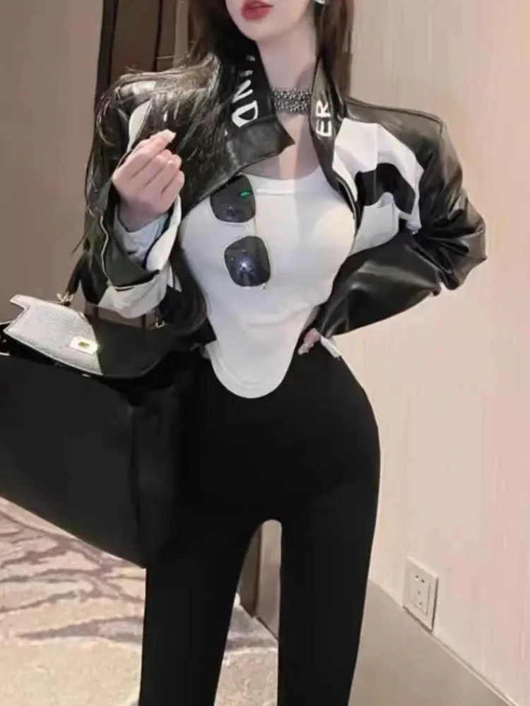 Women's Moto Biker Zipper Jacket Letter Print Black and White PU New Outerwear Jackets for Women 2023 Loose Short Leather Jacket