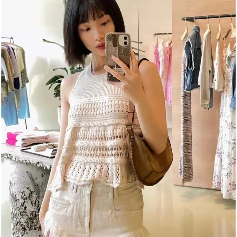 

2023 Spring Summer New Round Neck Hollow Sleeveless Knitted Women Vest