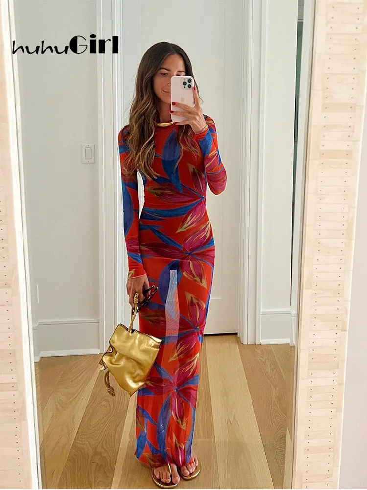 

Huhugirl 2022 Sexy Fashion Maxi Dresses Woman Robes O-Neck Sheath Print Elegant Evening Dress Regular Autumn Female Party Dress