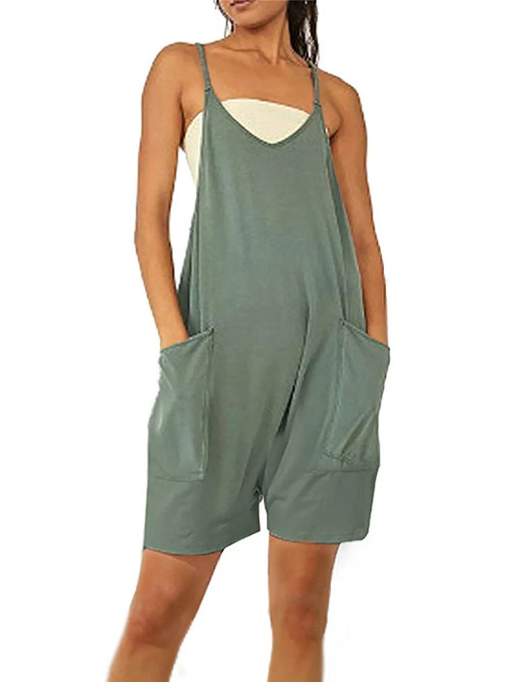 

Women's Summer Casual Fashion Solid V Neck Strap Zipper Pocket One Piece Shorts Female & Lady High Street Sexy Jumpsuit shorts