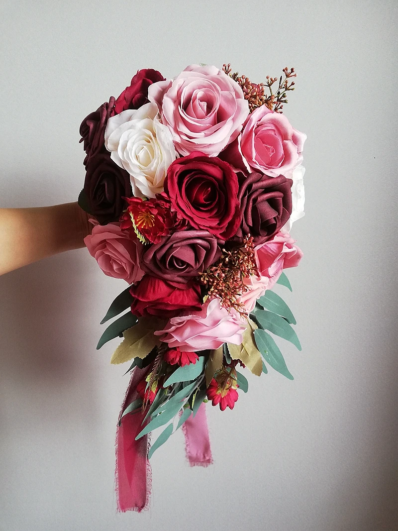 

2022 Real Feeling Artificial Wedding Bouquet Waterfall Silk Burgundy Roses White Wedding Flowers Pink Bridal Bouquet Mariage