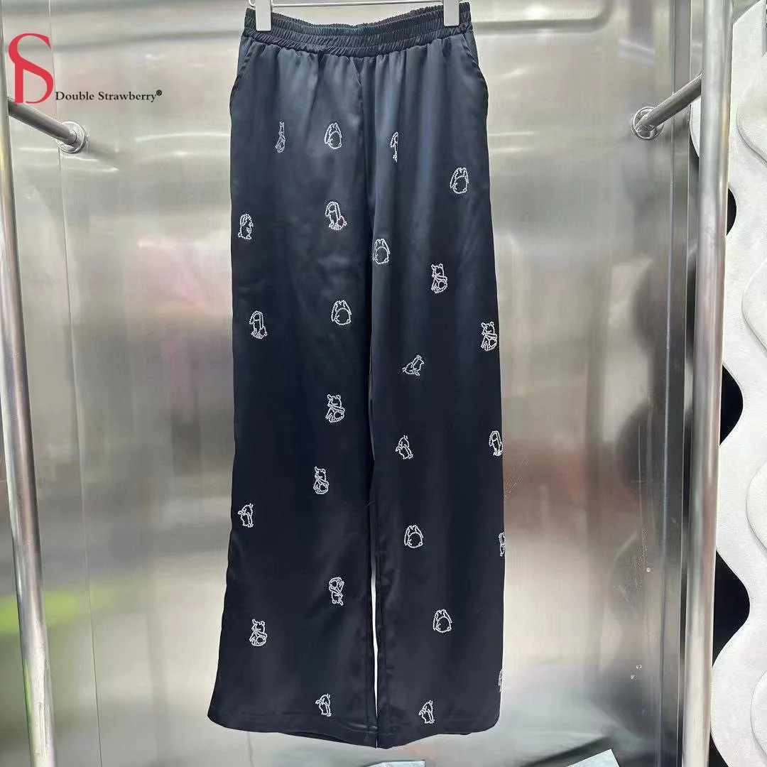 

Rabbit Summer New Hot Diamond Wide Leg Pants Aw Wang Women's Elastic Waist Casual High Straight