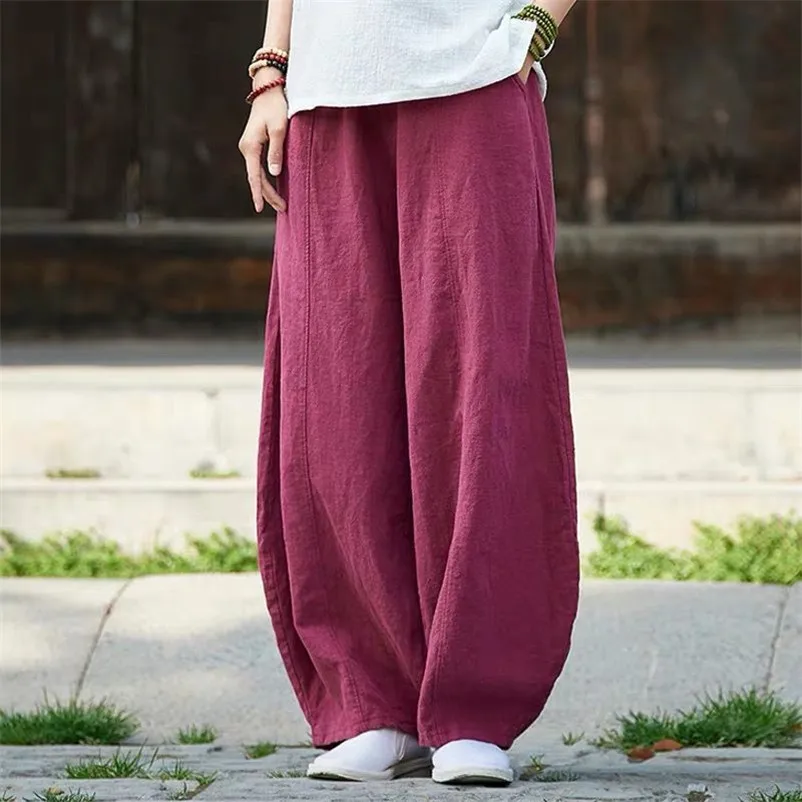 

Women Solid Loose Long Pants 2023 Spring Casual Elastic High Waist Trousers Cotton Linen Simple Soft Pants White Khaki Wine Red