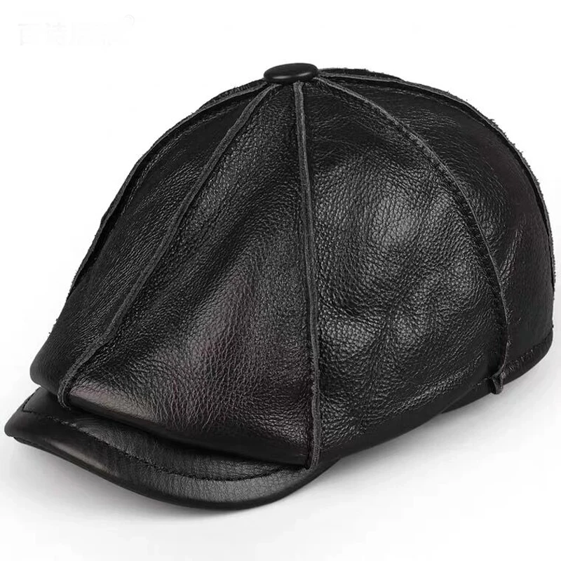 

Wholesale Octagonal Genuine Leather Beret Hat Winter Men's Cowhide Leather Elegant Fashion Student Tongue Cap Warm Snapback Caps