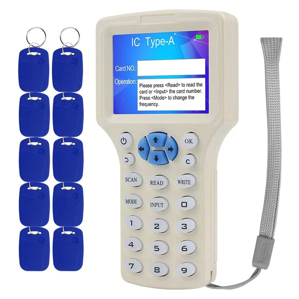 

Handheld USB RFID ID IC Card Writer with Full Decoding Function. Includes 10 Piece 2-In-1 Dual Frequency Writing Tag