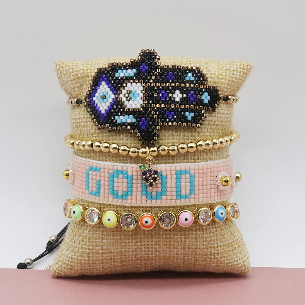 

Colorful Evil Eye Diamond Alloy Adjustable Bracelet GOOD Letter Miyuki Jewelry For Women