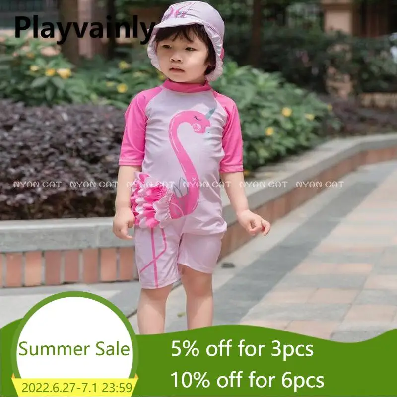 

Оптовая продажа, купальные костюмы для маленьких девочек, Слитные купальники с розовым мультяшным лебедем и шляпой, детские модные купальн...