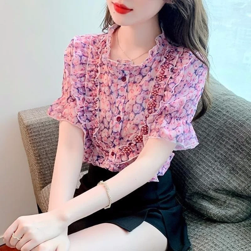 

Purple floral nail pearl blouse lotus leaf lace o neck shirt female 2022 new Korean sweet age reduction short sleeve blouse