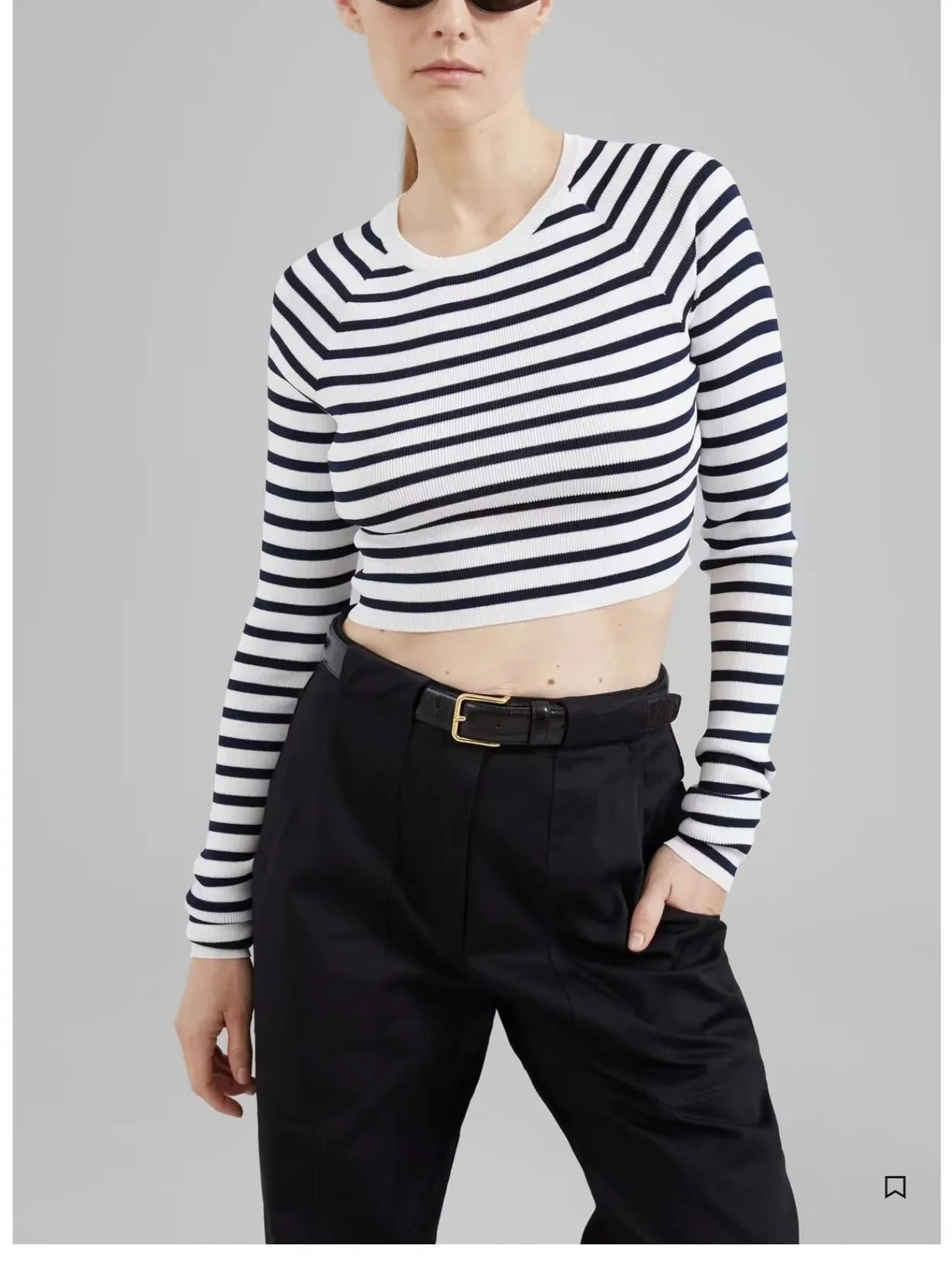 

Женский трикотажный свитер в полоску, облегающий эластичный пуловер с круглым вырезом и длинным рукавом, Короткий трикотажный пуловер, топы для весны и осени