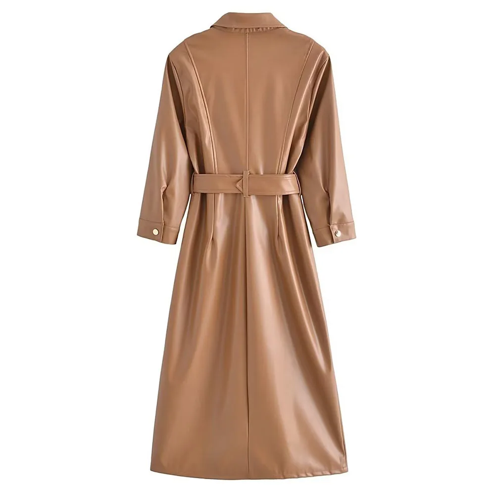 Autumn and winter new fashion women's temperament V-shaped lapel long sleeves with belt imitation leather midi dress
