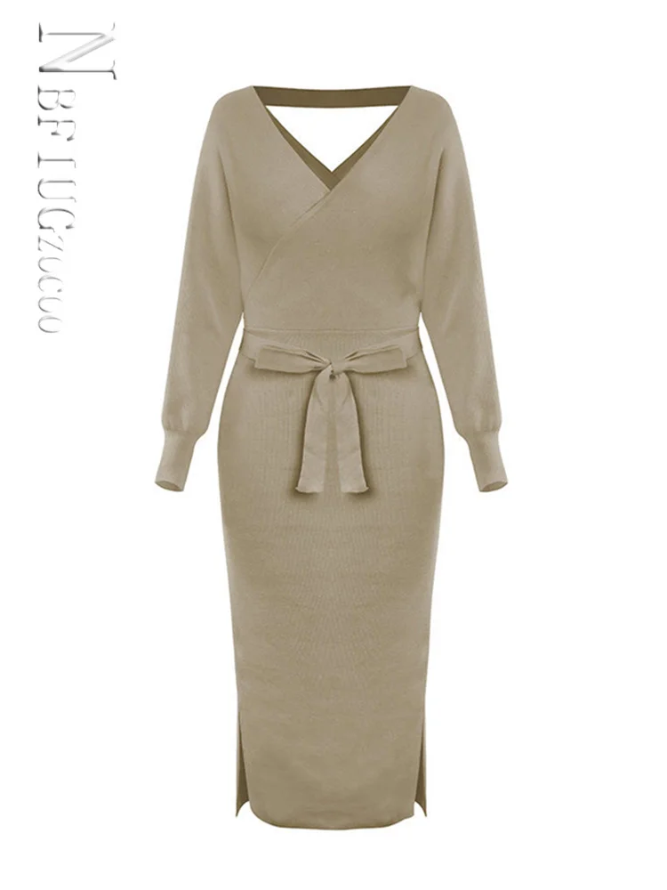 

2022 New Sexy V Neck Knitting Women Dress Long Sleeve Waist Strap Female Dresses