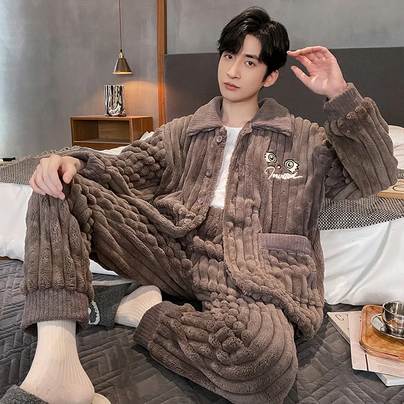 QUHENG Pajama Set Male Thicken Warm Flannel Long Sleeved Cartoon Men Winter Leisure Loose Home Cloth Autumn Loose Men Sleepwear