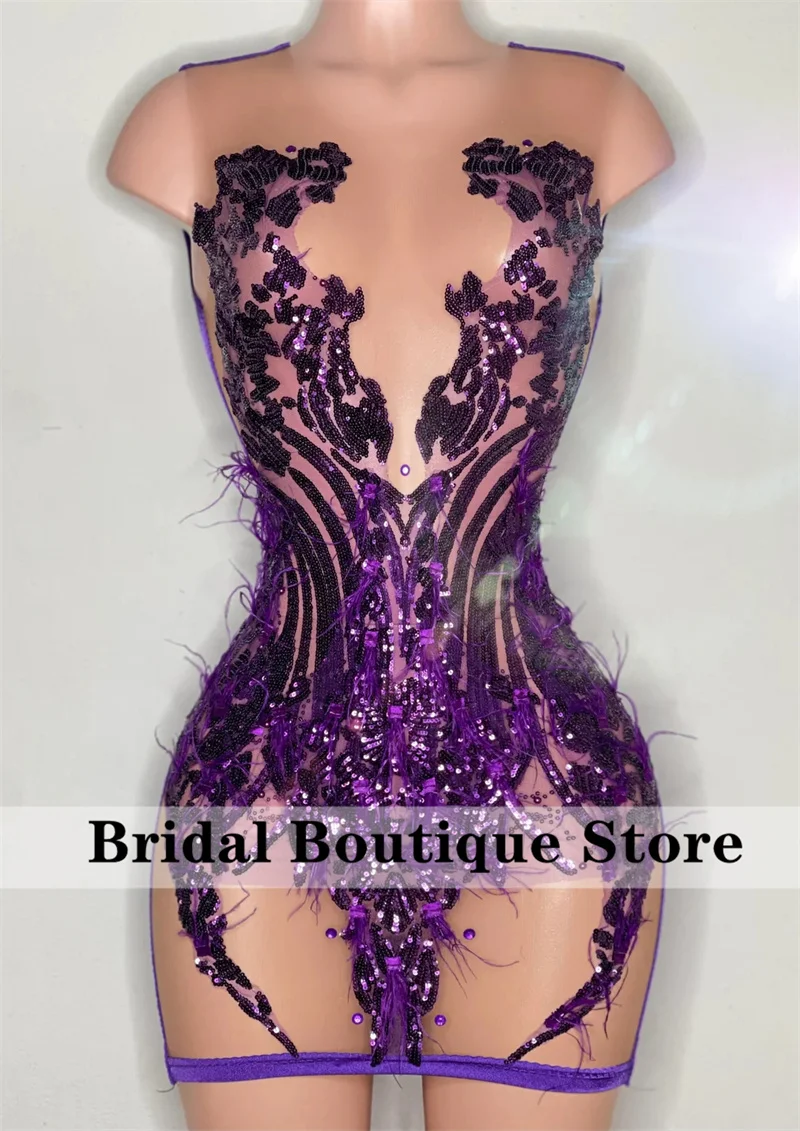 

Sexy Purple Short Prom Dresses 2023 Sparkly Sequins Beads Feathers Illusion Cocktail Party Dresses Homecoming Gowns Robe De Bal