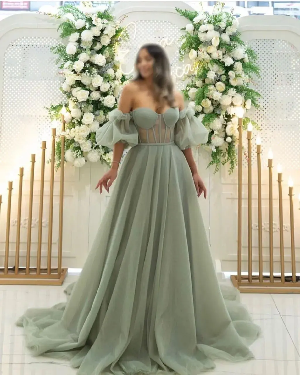 

Saudi Arabia Prom Dresses Organza Green Evening Dresses Puff Short Sleeves Sweetheart Boning Plus Size Party Gowns Occassion