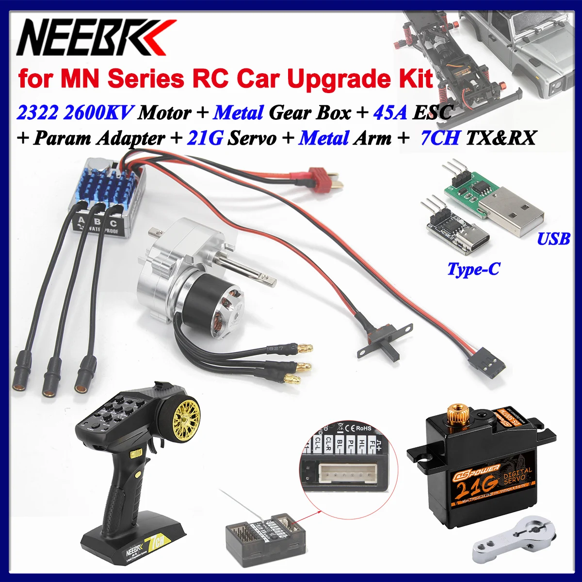 Фото 2322 2600KV Бесщеточный двигатель-редуктор AM32 45A ESC 21G Серво 7-канальный передатчик RX для 1/12 RC гусеничного автомобиля MN99S MN78 MN82 MN168 Комплект №1