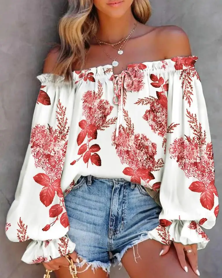 

Sexy Tops Women 2022 Trendy Fashion Summer Plants Print Off Shoulder Lantern Sleeve Vacation Beach Casual Long Sleeve Blouse
