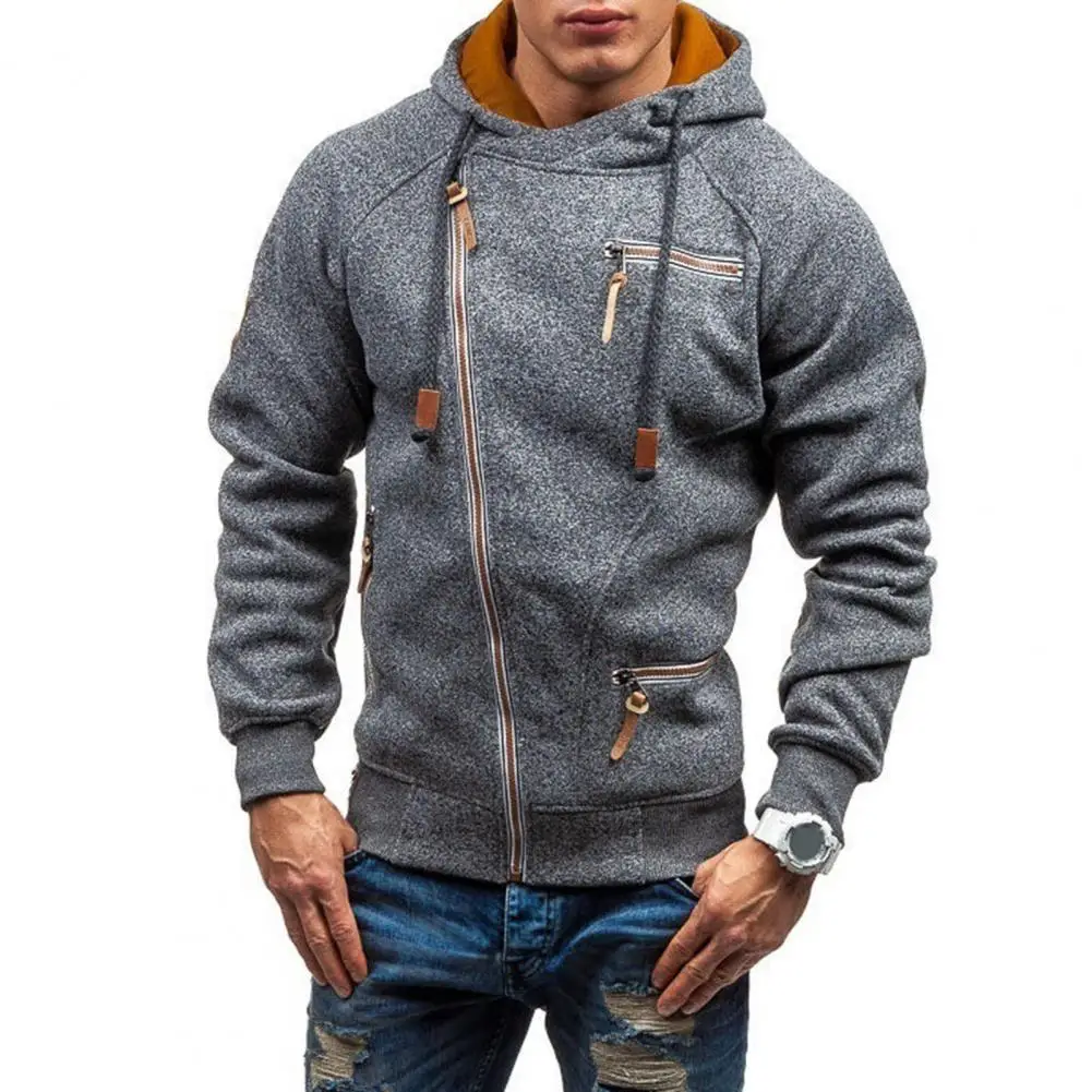 

Men Coat Solid Color Multi Pockets Individual Oblique Zipper Thick Winter Hoodie for Daily Wear