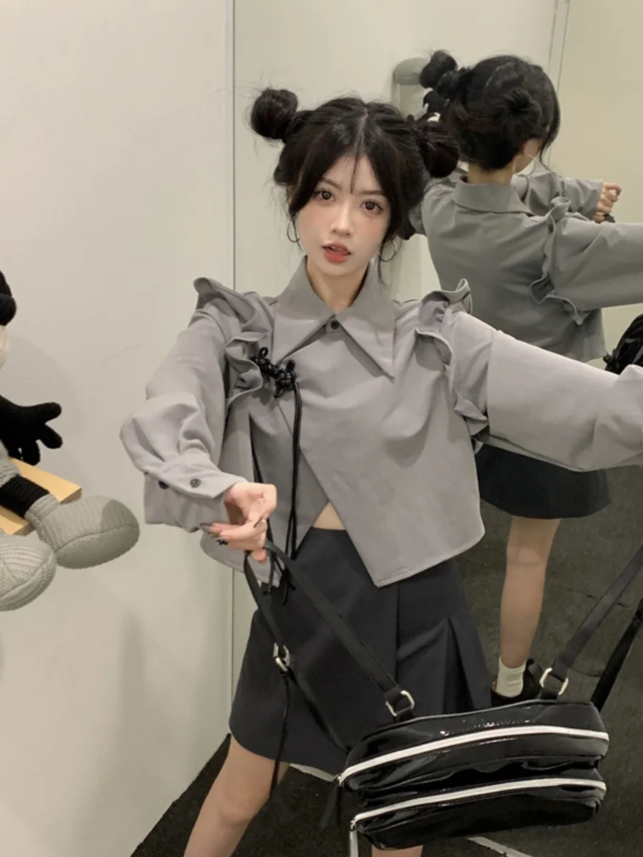 Женская рубашка с длинным рукавом серая Готическая блузка в китайском стиле