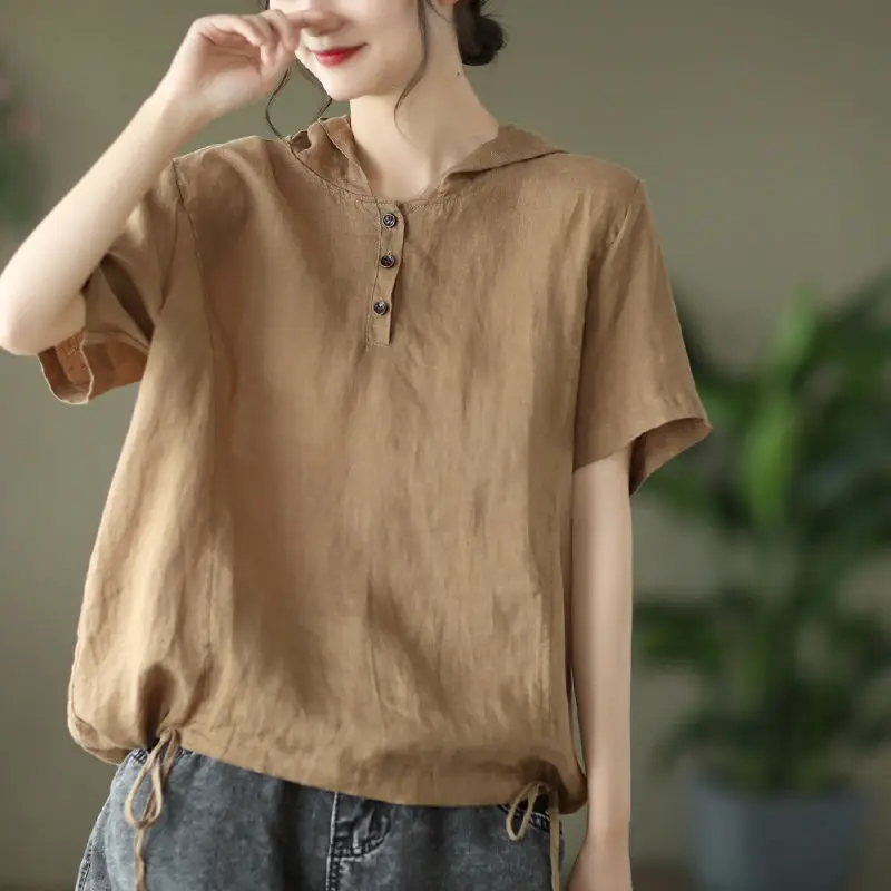 

Cotton Linen T Shirts Women Casual Vintage Hooded T-Shirt V-Neck Solid Loose Oversized Short Sleeve Top Summer Trend Thin Tshirt