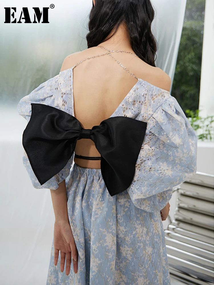 

[EAM] Women Blue Back Bow Chain Blouse New Square Collar Half Puff Sleeve Loose Fit Shirt Fashion Spring Autumn 2022 1DE2655