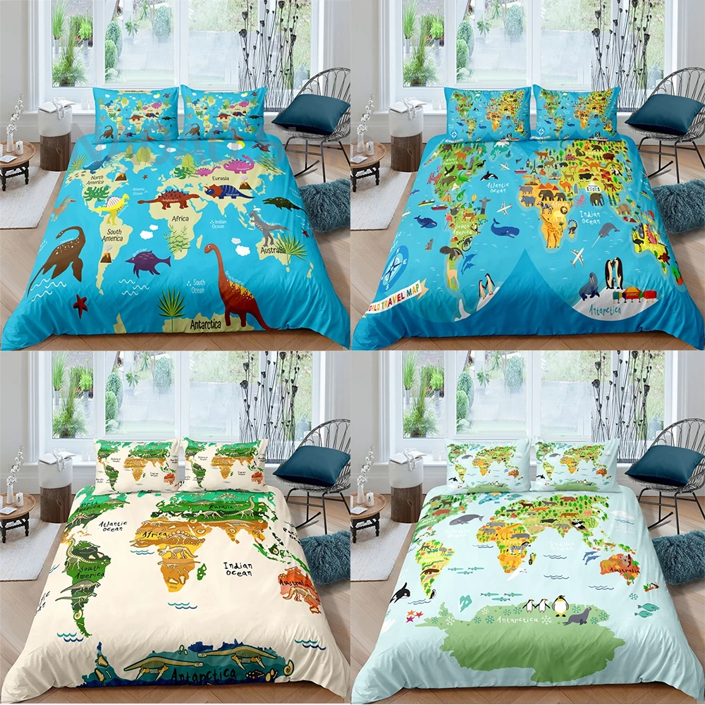 

3D Animal World Map Bedding Set Luxury Quilt Cover With Pillowcase Comforter Duvet Covers Polyester Bedspreads Queen King Size