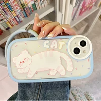 cute cat wrist bracelet circle ring clear phone case for iphone 13 11 12 pro max x xr xs max 7 8 plus fashion cartoon soft cover