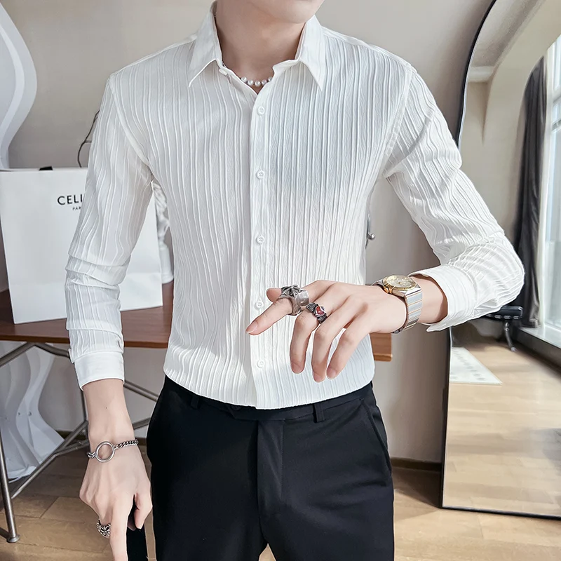 

Autumn Stripe Shirts Office Men Long Sleeve Slim Fit Casual Prom Tuxedo Chemise Homme Business Social Casual Shirts