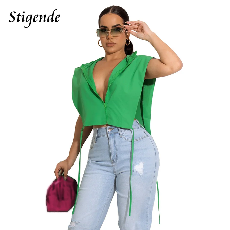 

Stigende Women Hoodie Vest Summer Sexy Side Split Bandage Crop Tank Top Zipper Lace Up Loose Waistcoat Casual Solid Color Tees