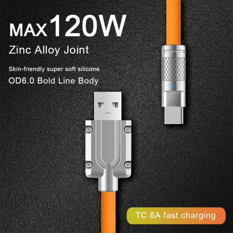 

120W 6A Super Fast Charge Liquid Silicone Cable Type-C Charger Data Cable For Xiaomi Huawei Samsung Zinc USB Bold Data Line