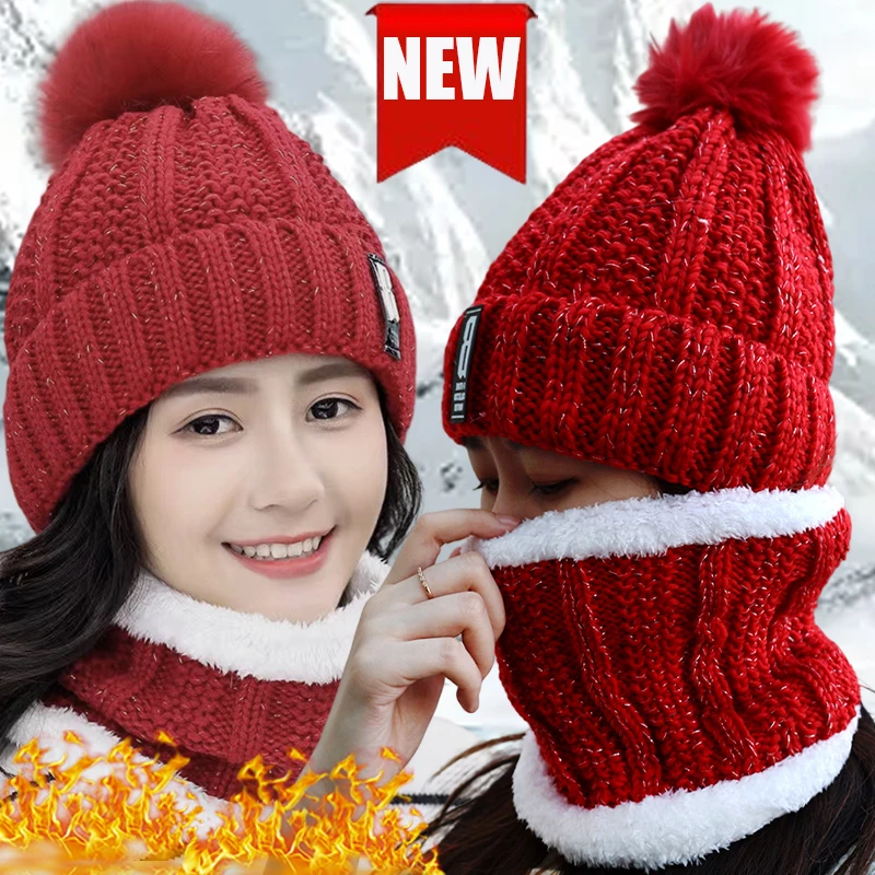 

Winter Plush Warm Bonnets for Women Thick Skullies Knitted Hats Beanies Neck Support Windproof Outdoor Riding Caps Scarf Set