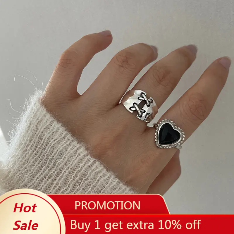 

MEETSOFT 925 Sterling Silver Black Heart Bandage Opening Ring Adjustable for Women Personality Minimalist Cool Jewelry Gift