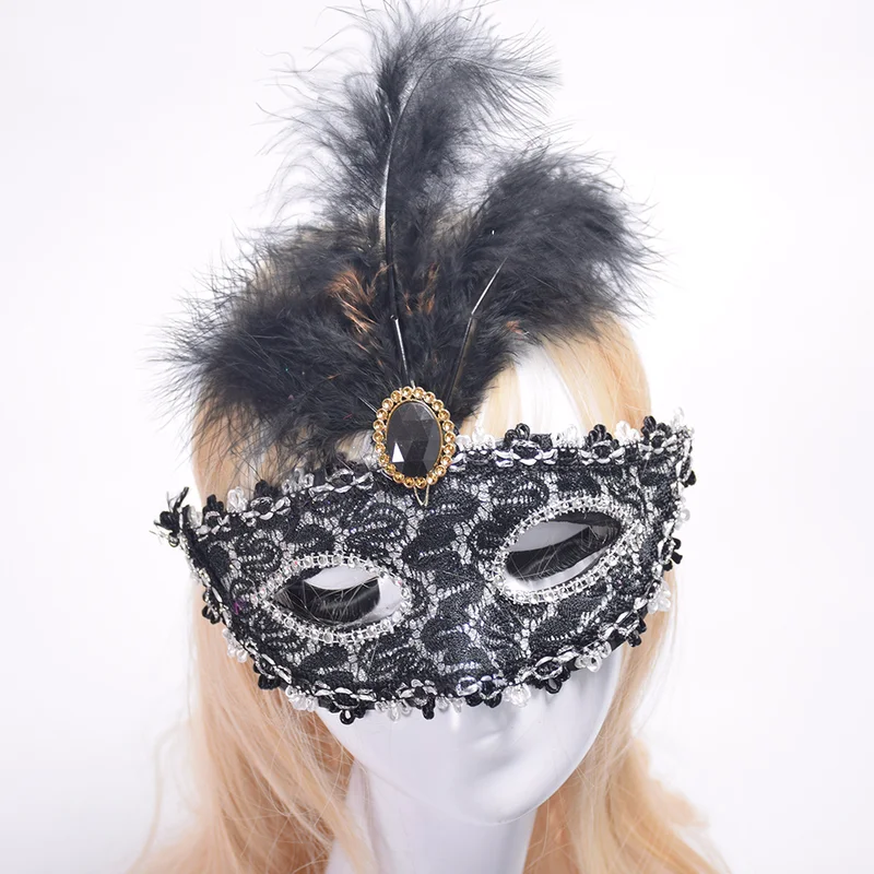 

Exquisite Venetian Style Lace Crystal Rhinestones Cosplay Mask for Halloween /Masquerade /Costume Half Face Fringed Feather Mask