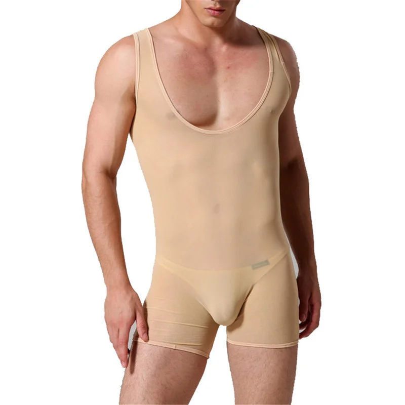 

Men Gay Bodysuits Shapewear High Elastic Jumpsuit Male Transparent Erotic Body Stocking Mesh Tank Tops Boxer Briefs Singlet Men