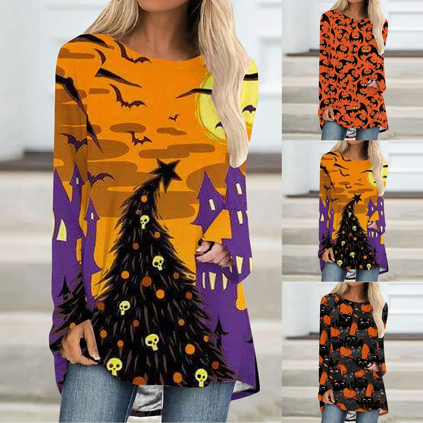 

Halloween Womens Long Sleeve Crew Neck Pumpkin Cat Printed T Shirt Top Casual Loose Comfy Shirts Tee Blouse Lounge Top Women