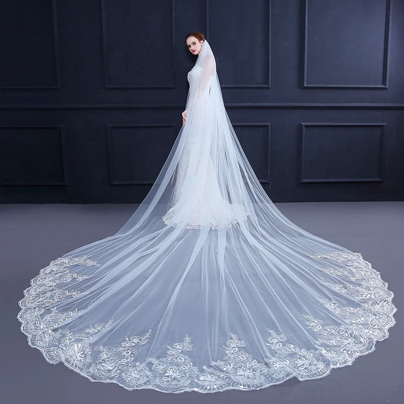 

Europe and America 3 Meter One Layer New Wedding Veil With Comb White Ivory Lace Edge Bridal Veils Appliqued Cathedral VEILS