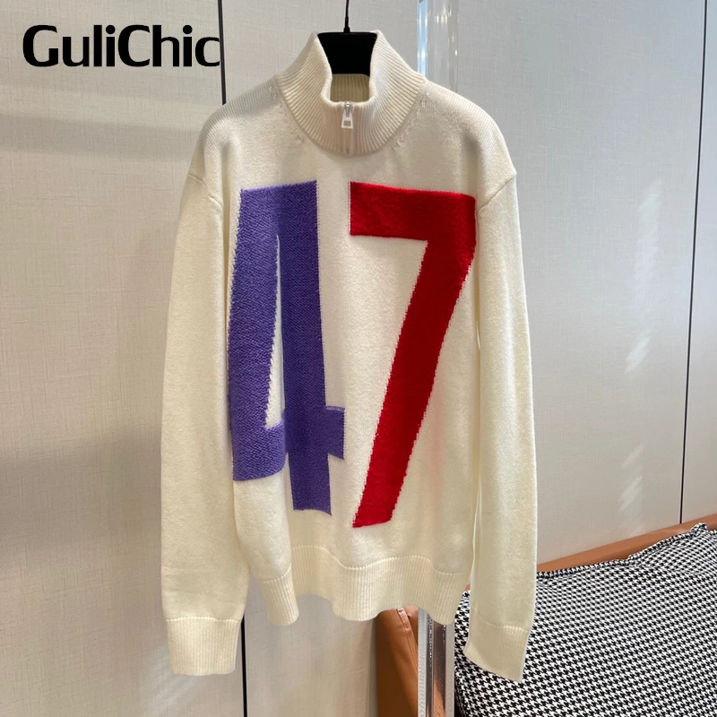 

10.28 GuliChic Women Fashion Stand Collar Zipper Contrast Color Digital Flocking 100% Wool Knitted Loose Pullover Sweater
