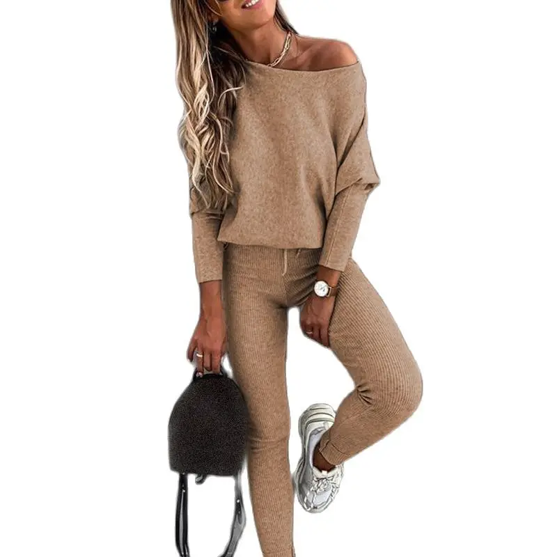 

2022 Autumn New Fashion Trousers Two-piece Suit Women's Oblique Shoulder Solid Color Casual Suit Women's Off-shoulder Blouse 2-P