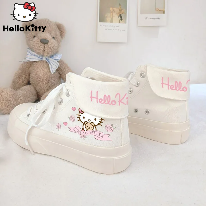 

Sanrio Hello Kitty Cartoon Kawaii Women Canvas Shoes Korean Sweet High Top Girl Boots Y2k Thick Sole Round Toe Female Sneaker
